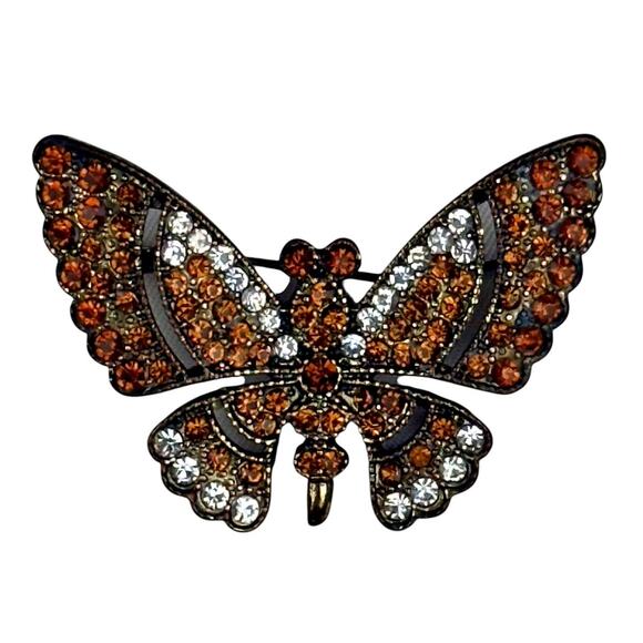 Unbranded Jewelry - Vintage Orange Black Clear Rhinestone Glass Gold Tone Butterfly Old C-Clasp